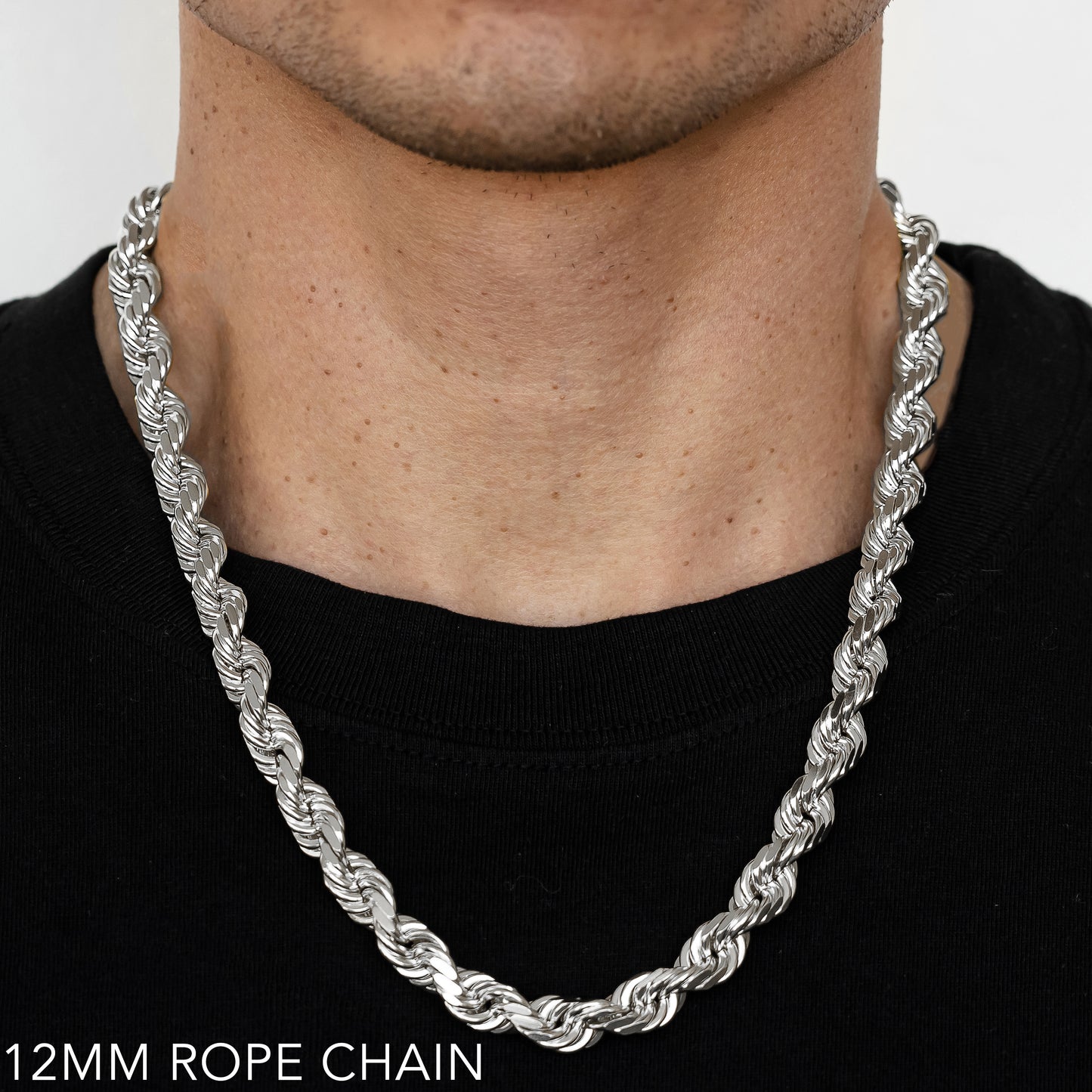 14K 12MM WHITE GOLD SOLID DC ROPE 16" CHAIN NECKLACE (AVAILABLE IN LENGTHS 7" - 30")