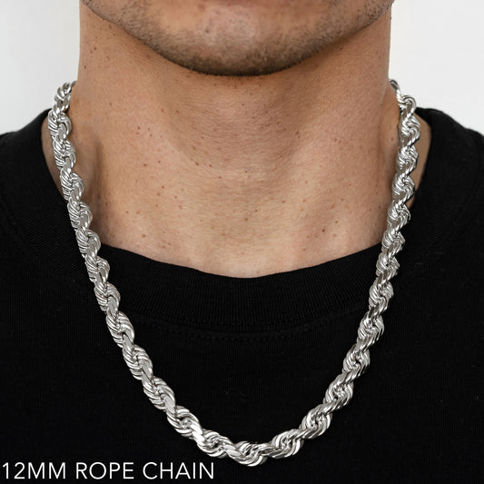 10K 12MM WHITE GOLD SOLID DC ROPE 16" CHAIN NECKLACE (AVAILABLE IN LENGTHS 7" - 30")