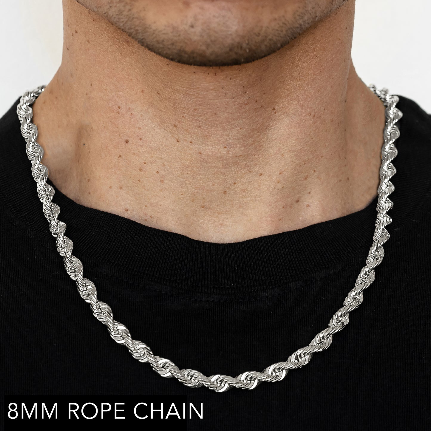 10K 8MM WHITE GOLD SOLID DC ROPE 16" CHAIN NECKLACE (AVAILABLE IN LENGTHS 7" - 30")