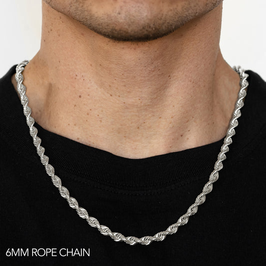 14K 6MM WHITE GOLD SOLID DC ROPE 16" CHAIN NECKLACE (AVAILABLE IN LENGTHS 7" - 30")