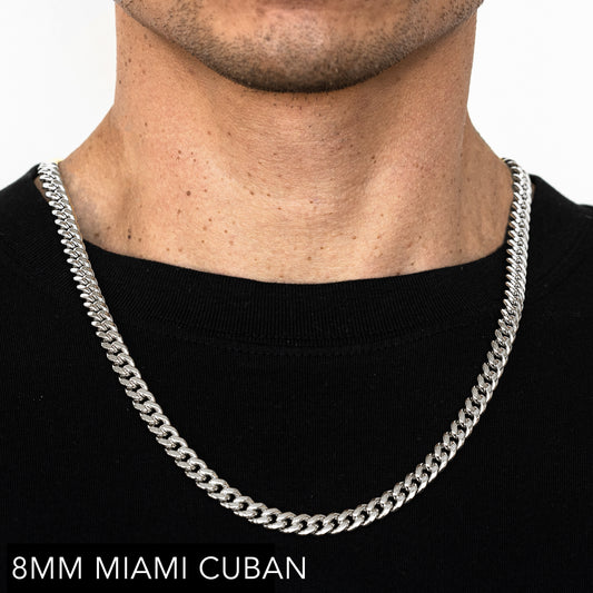 10K 8MM WHITE GOLD SOLID MIAMI CUBAN 16" CHAIN NECKLACE (AVAILABLE IN LENGTHS 7" - 30")