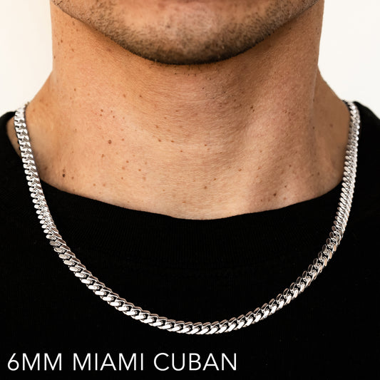 10K 6MM WHITE GOLD SOLID MIAMI CUBAN 16" CHAIN NECKLACE (AVAILABLE IN LENGTHS 7" - 30")