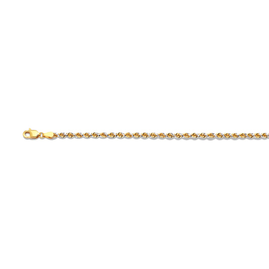 14K 2MM TWO TONE SOLID DC PRISM ROPE 8" CHAIN BRACELET (AVAILABLE IN LENGTHS 7" - 30")