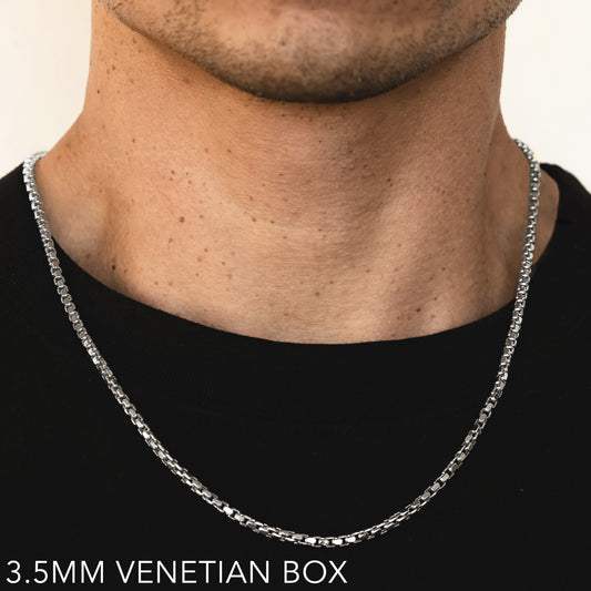 10K 3.5MM WHITE GOLD VENETIAN BOX 16" CHAIN NECKLACE (AVAILABLE IN LENGTHS 7" - 30")