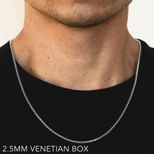 10K 2.5MM WHITE GOLD VENETIAN BOX 16" CHAIN NECKLACE (AVAILABLE IN LENGTHS 7" - 30")