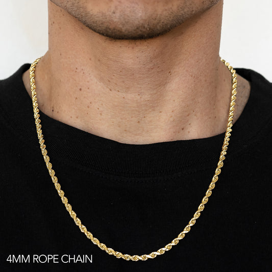 18K 4MM YELLOW GOLD SOLID DC ROPE 18" CHAIN NECKLACE (AVAILABLE IN LENGTHS 7" - 30")