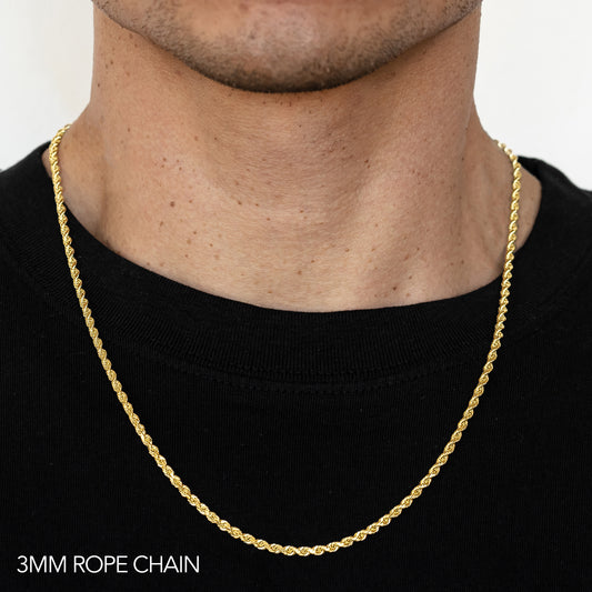 18K 3MM YELLOW GOLD SOLID DC ROPE 30" CHAIN NECKLACE (AVAILABLE IN LENGTHS 7" - 30")