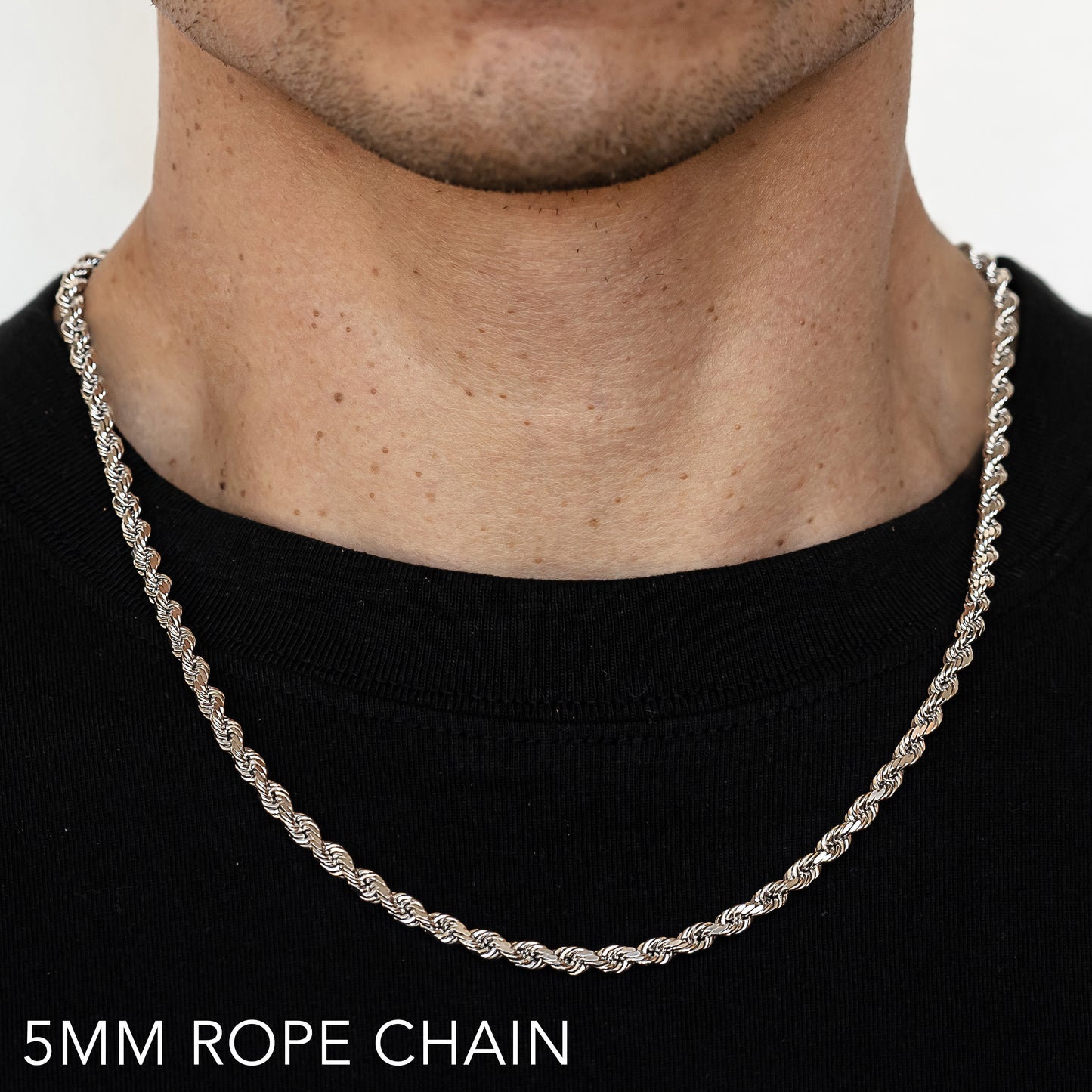 10K 5MM WHITE GOLD SOLID DC ROPE 16" CHAIN NECKLACE (AVAILABLE IN LENGTHS 7" - 30")