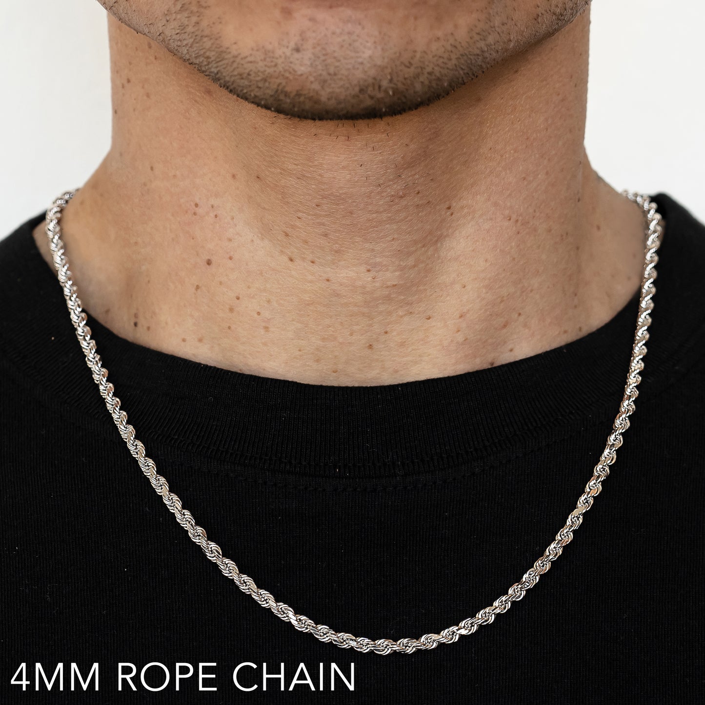 10K 4MM WHITE GOLD SOLID DC ROPE 16" CHAIN NECKLACE (AVAILABLE IN LENGTHS 7" - 30")