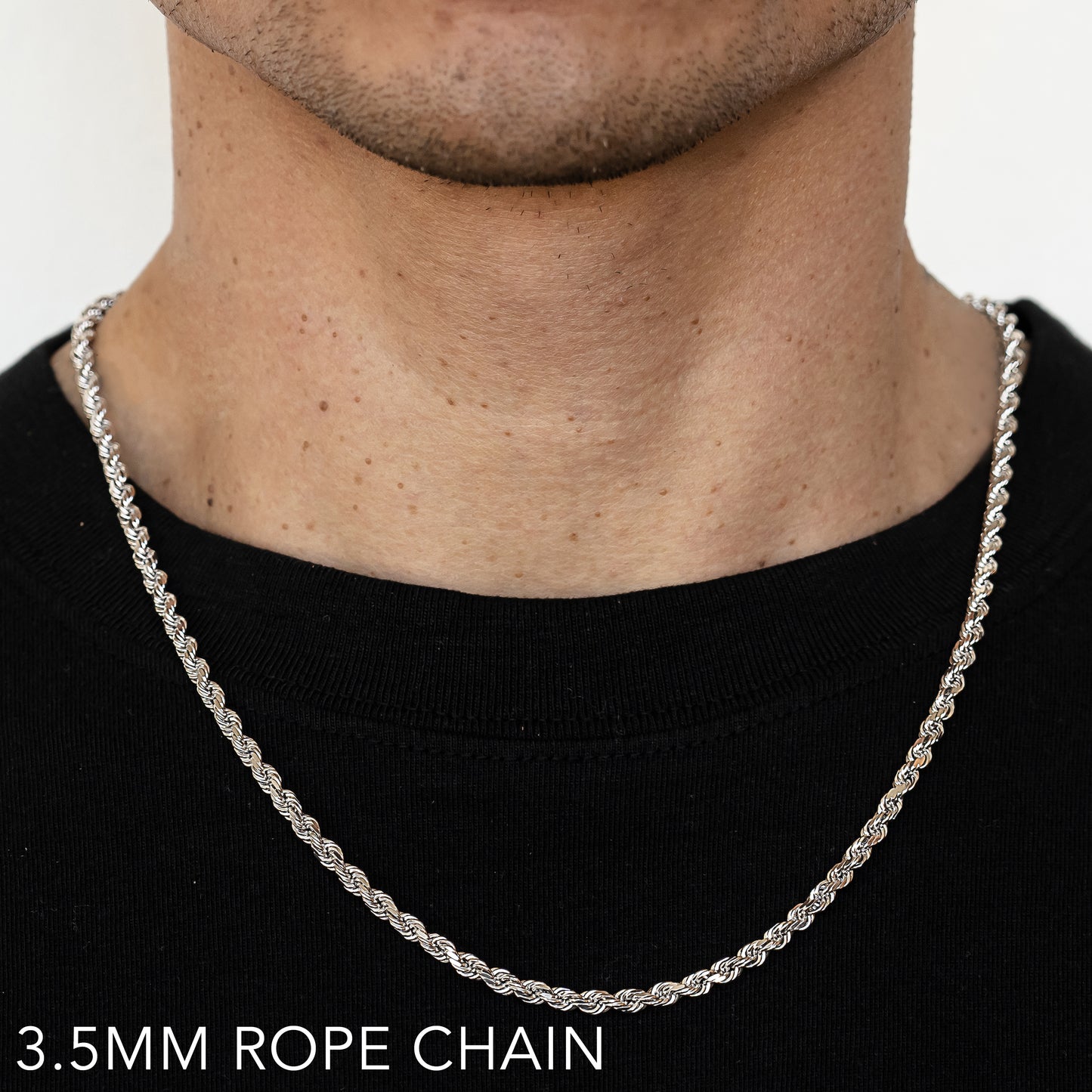 10K 3.5MM WHITE GOLD SOLID DC ROPE 16" CHAIN NECKLACE (AVAILABLE IN LENGTHS 7" - 30")