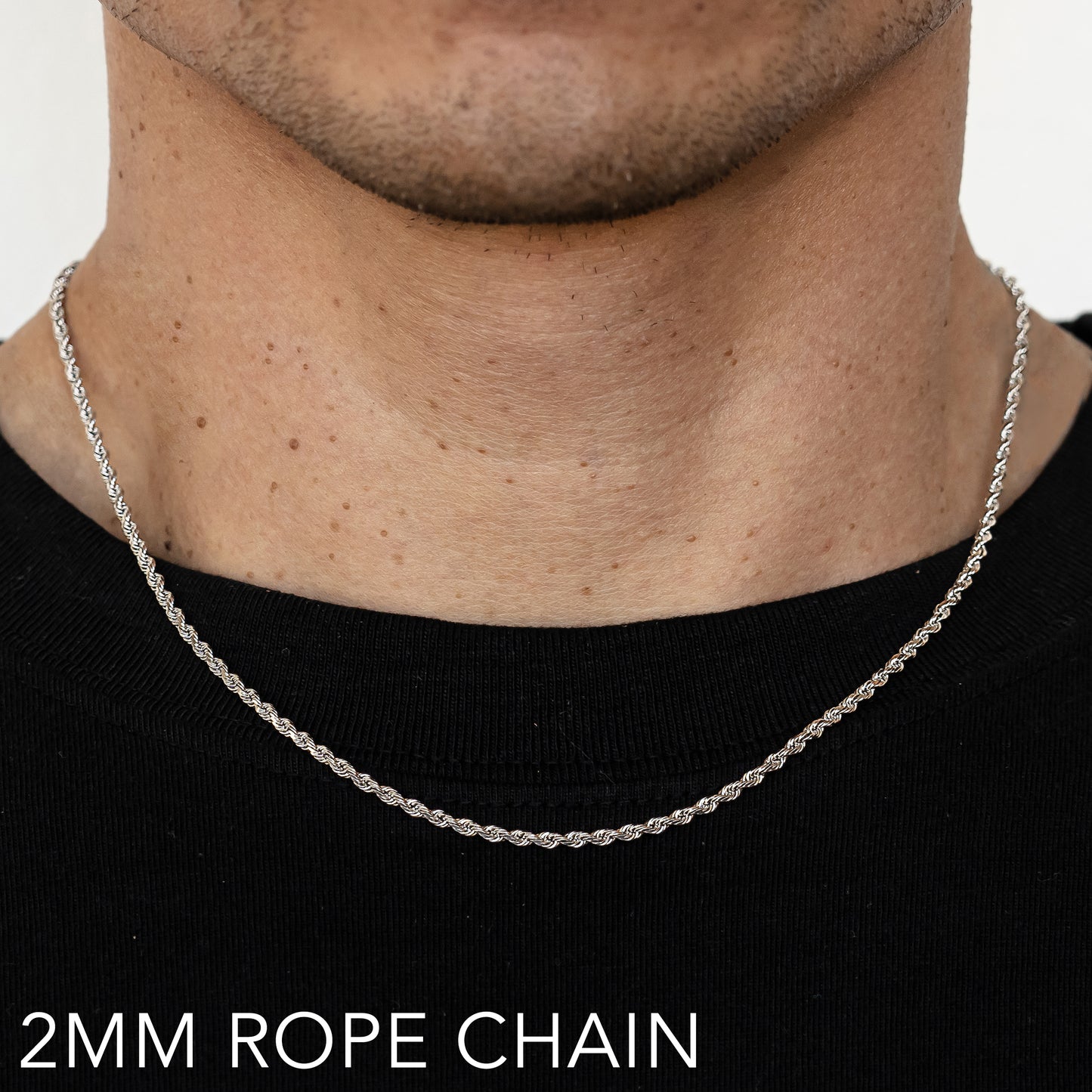 10K 2MM WHITE GOLD SOLID DC ROPE 16" CHAIN NECKLACE