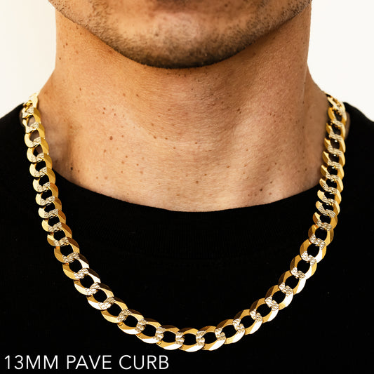 14K 13MM YELLOW GOLD SOLID PAVE CURB 24" CHAIN NECKLACE (AVAILABLE IN LENGTHS 7" - 30")