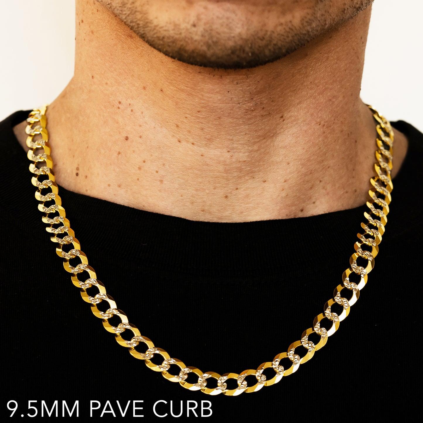 14K 9.5MM YELLOW GOLD SOLID PAVE CURB 28" CHAIN NECKLACE (AVAILABLE IN LENGTHS 7" - 30")