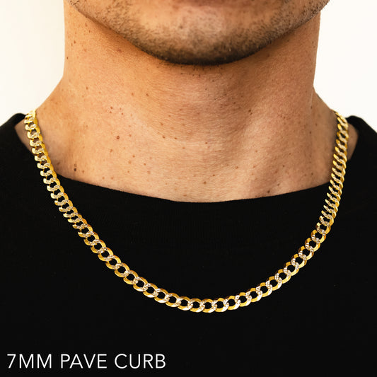 14K 7MM YELLOW GOLD SOLID PAVE CURB 18" CHAIN NECKLACE (AVAILABLE IN LENGTHS 7" - 30")