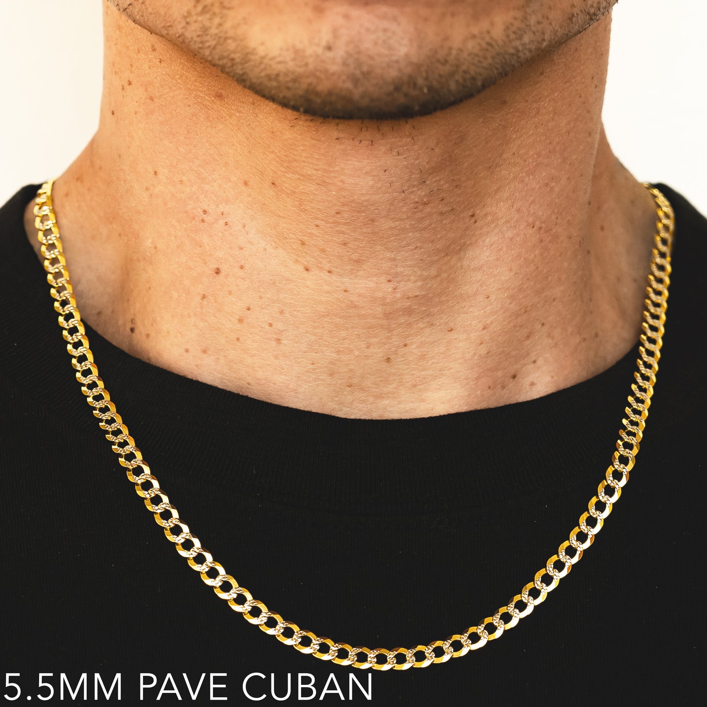 10K 5.5MM YELLOW GOLD SOLID PAVE CURB 16" CHAIN NECKLACE (AVAILABLE IN LENGTHS 7" - 30")