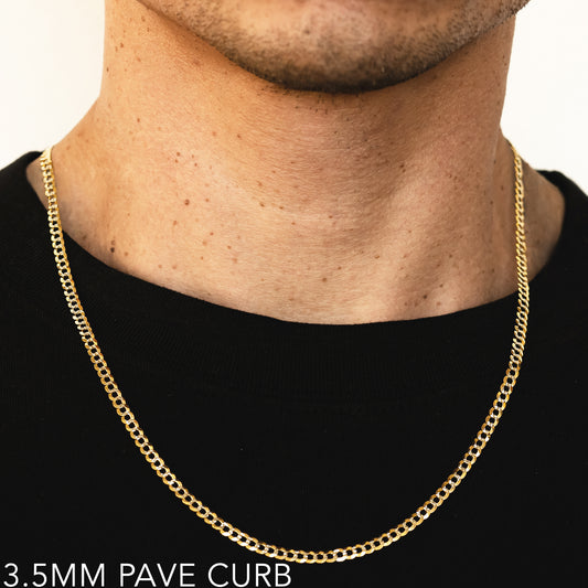 10K 3.5MM YELLOW GOLD SOLID PAVE CURB 16" CHAIN NECKLACE (AVAILABLE IN LENGTHS 7" - 30")