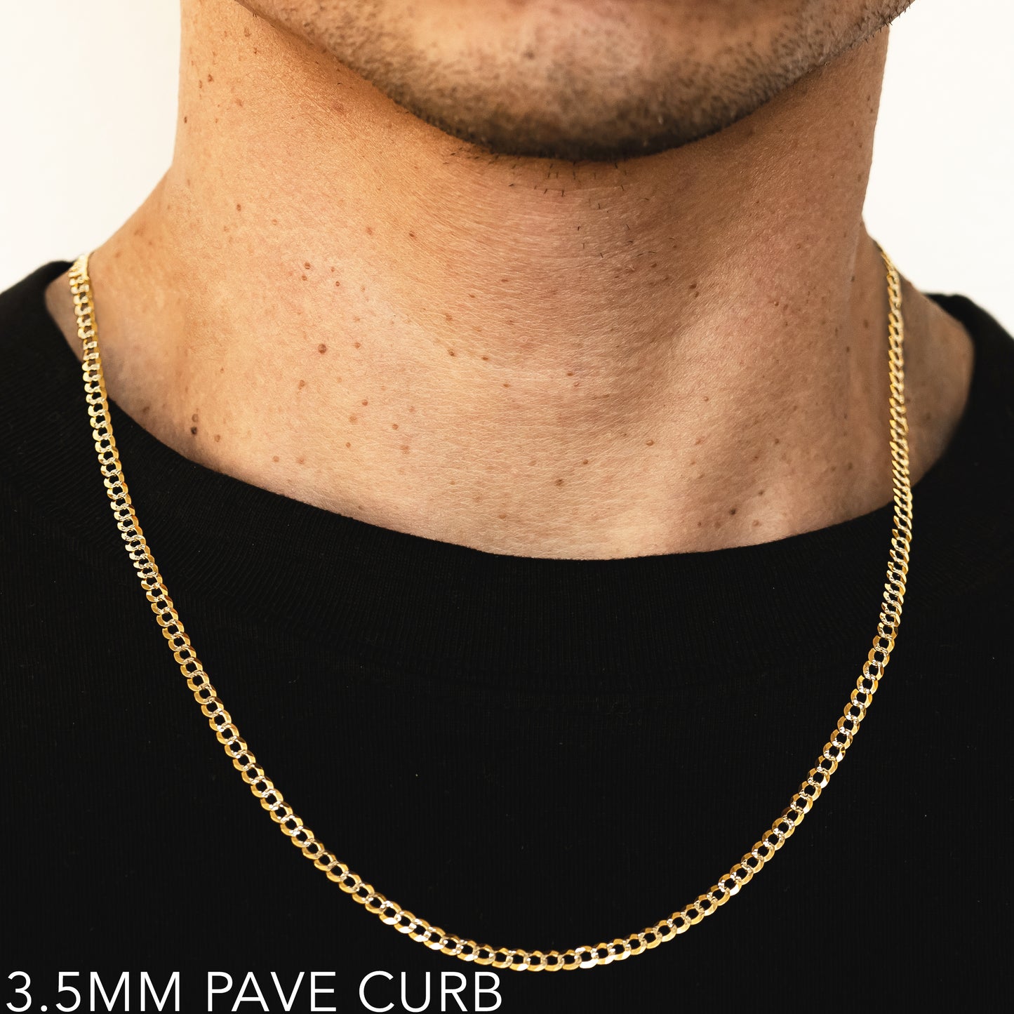 14K 3.5MM YELLOW GOLD SOLID PAVE CURB 30" CHAIN NECKLACE (AVAILABLE IN LENGTHS 7" - 30")