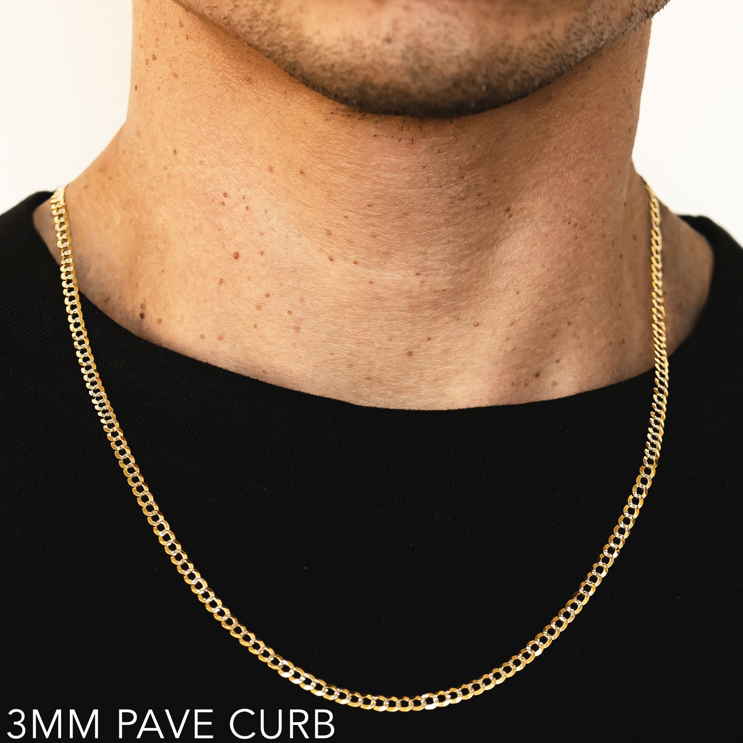 10K 3MM YELLOW GOLD SOLID PAVE CURB 16" CHAIN NECKLACE (AVAILABLE IN LENGTHS 7" - 30")