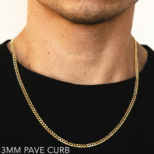 14K 3MM YELLOW GOLD SOLID PAVE CURB 22" CHAIN NECKLACE (AVAILABLE IN LENGTHS 7" - 30")