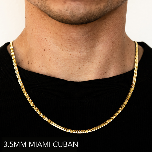 18K 3.5MM YELLOW GOLD SOLID MIAMI CUBAN 24" CHAIN NECKLACE (AVAILABLE IN LENGTHS 7" - 30")