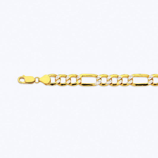 10K 10.5MM YELLOW GOLD HOLLOW PAVE FIGARO 7" CHAIN BRACELET (AVAILABLE IN LENGTHS 7" - 30")