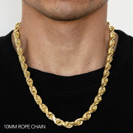 18K 10MM YELLOW GOLD SOLID DC ROPE 16" CHAIN NECKLACE (AVAILABLE IN LENGTHS 7" - 30")