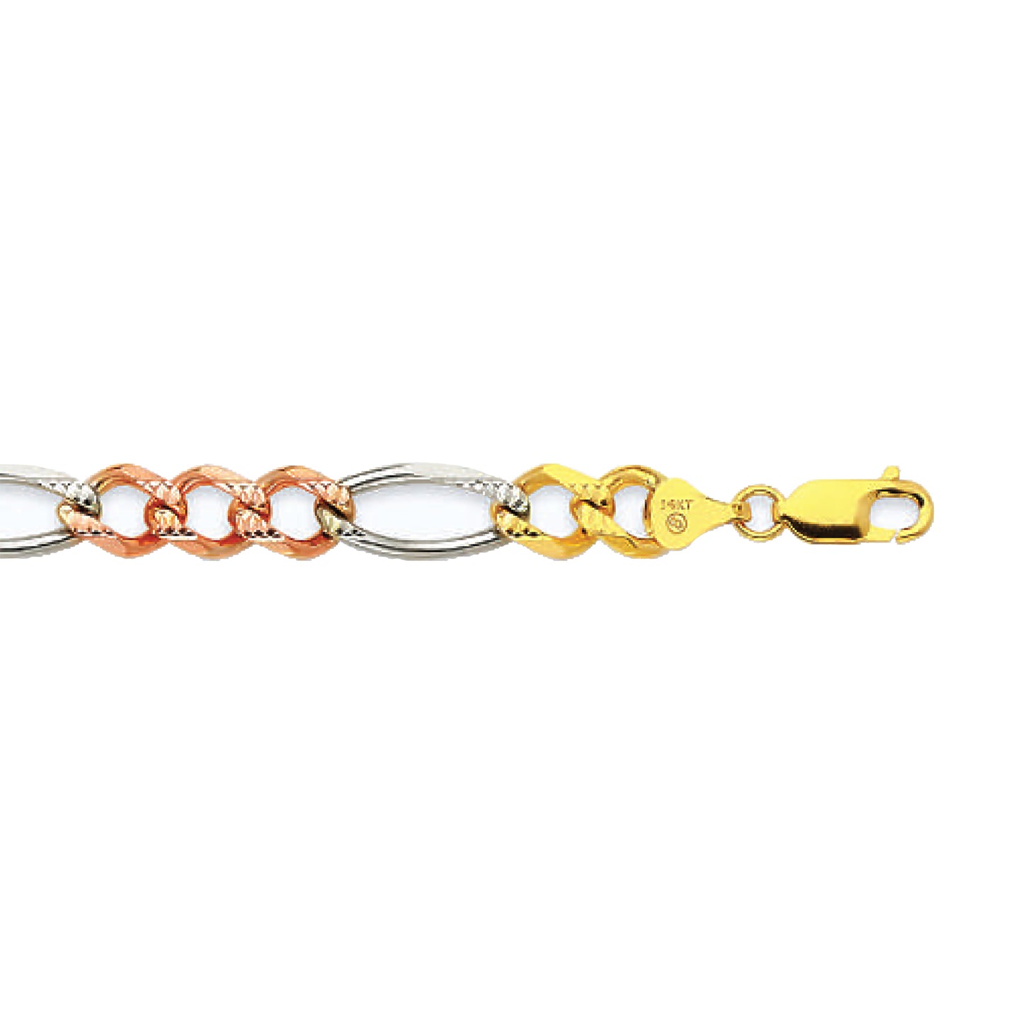 14K 8MM TRICOLOR GOLD SOLID FIGARO 22" CHAIN NECKLACE (AVAILABLE IN LENGTHS 7" - 30")