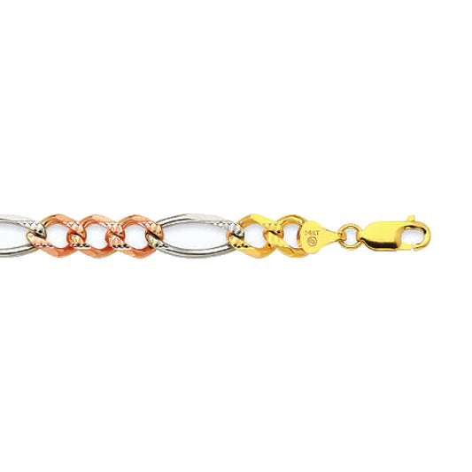 14K 8MM TRICOLOR GOLD SOLID FIGARO 26" CHAIN NECKLACE (AVAILABLE IN LENGTHS 7" - 30")