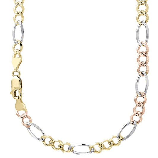 14K 6MM TRICOLOR GOLD SOLID FIGARO 18" CHAIN NECKLACE (AVAILABLE IN LENGTHS 7" - 30")