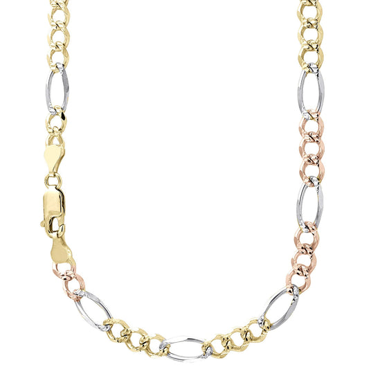 14K 5MM TRICOLOR GOLD SOLID FIGARO 26" CHAIN NECKLACE (AVAILABLE IN LENGTHS 7" - 30")