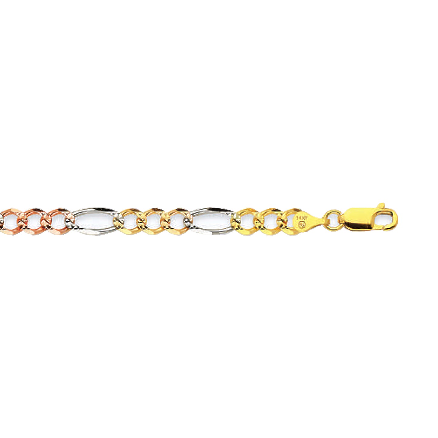 14K 5MM TRICOLOR GOLD HOLLOW FIGARO 26" CHAIN NECKLACE (AVAILABLE IN LENGTHS 7" - 30")