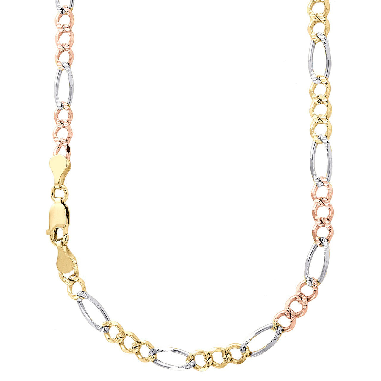 14K 4MM TRICOLOR GOLD SOLID FIGARO 30" CHAIN NECKLACE (AVAILABLE IN LENGTHS 7" - 30")