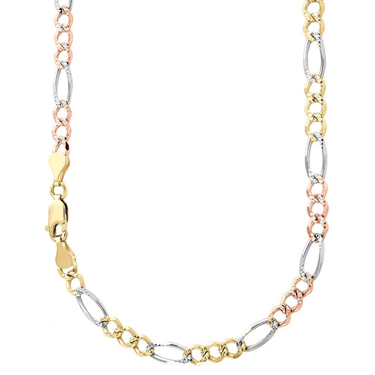 14K 4MM TRICOLOR GOLD SOLID FIGARO 22" CHAIN NECKLACE (AVAILABLE IN LENGTHS 7" - 30")