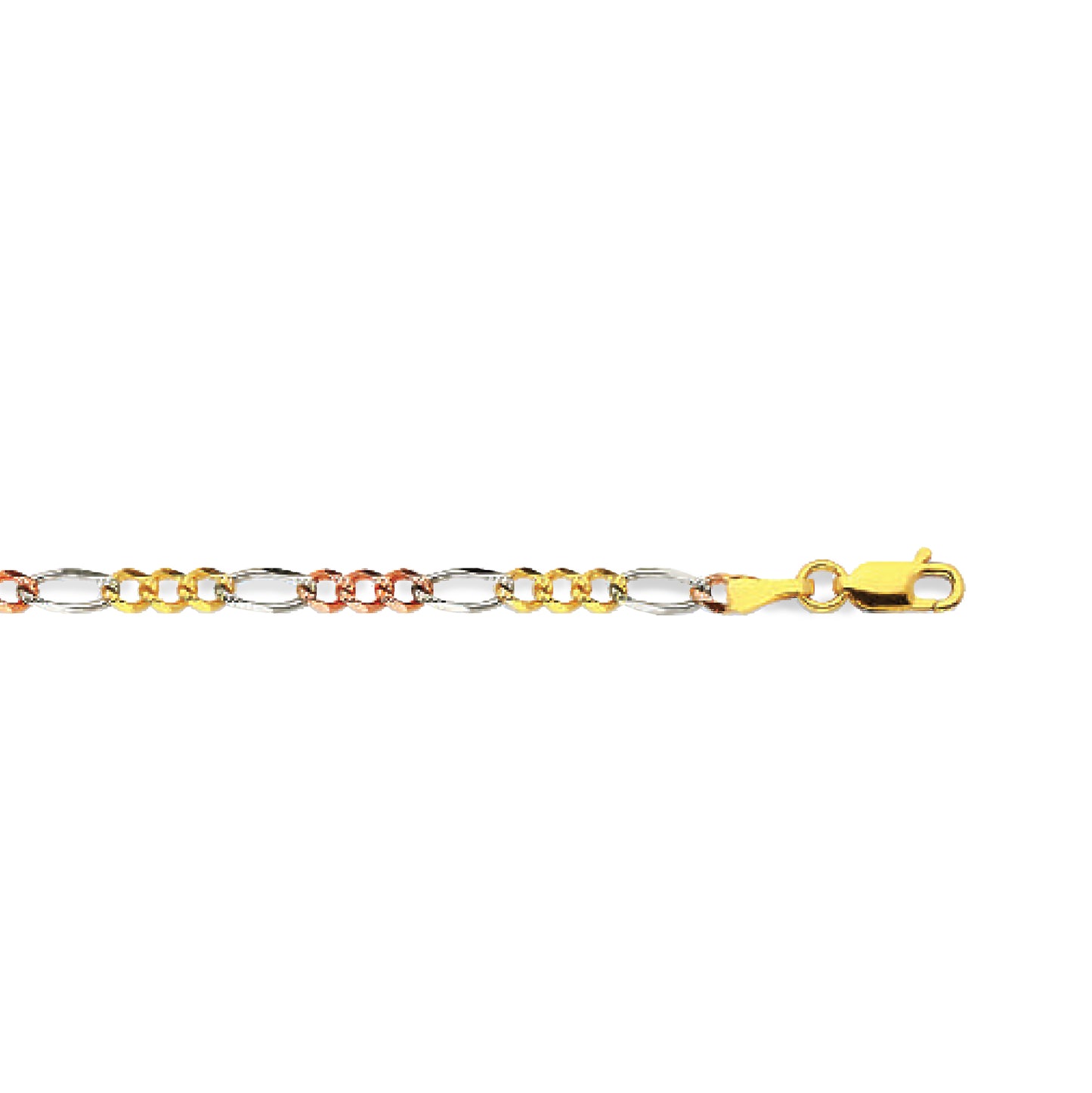 14K 3.5MM TRICOLOR GOLD SOLID FIGARO 30" CHAIN NECKLACE (AVAILABLE IN LENGTHS 7" - 30")