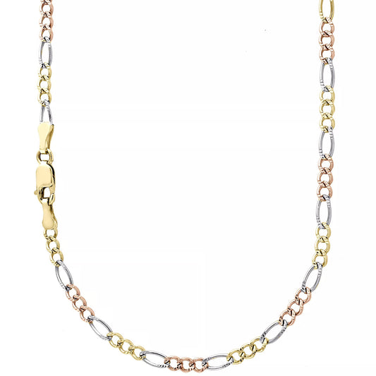 14K 2.5MM TRICOLOR GOLD SOLID FIGARO 18" CHAIN NECKLACE (AVAILABLE IN LENGTHS 7" - 30")