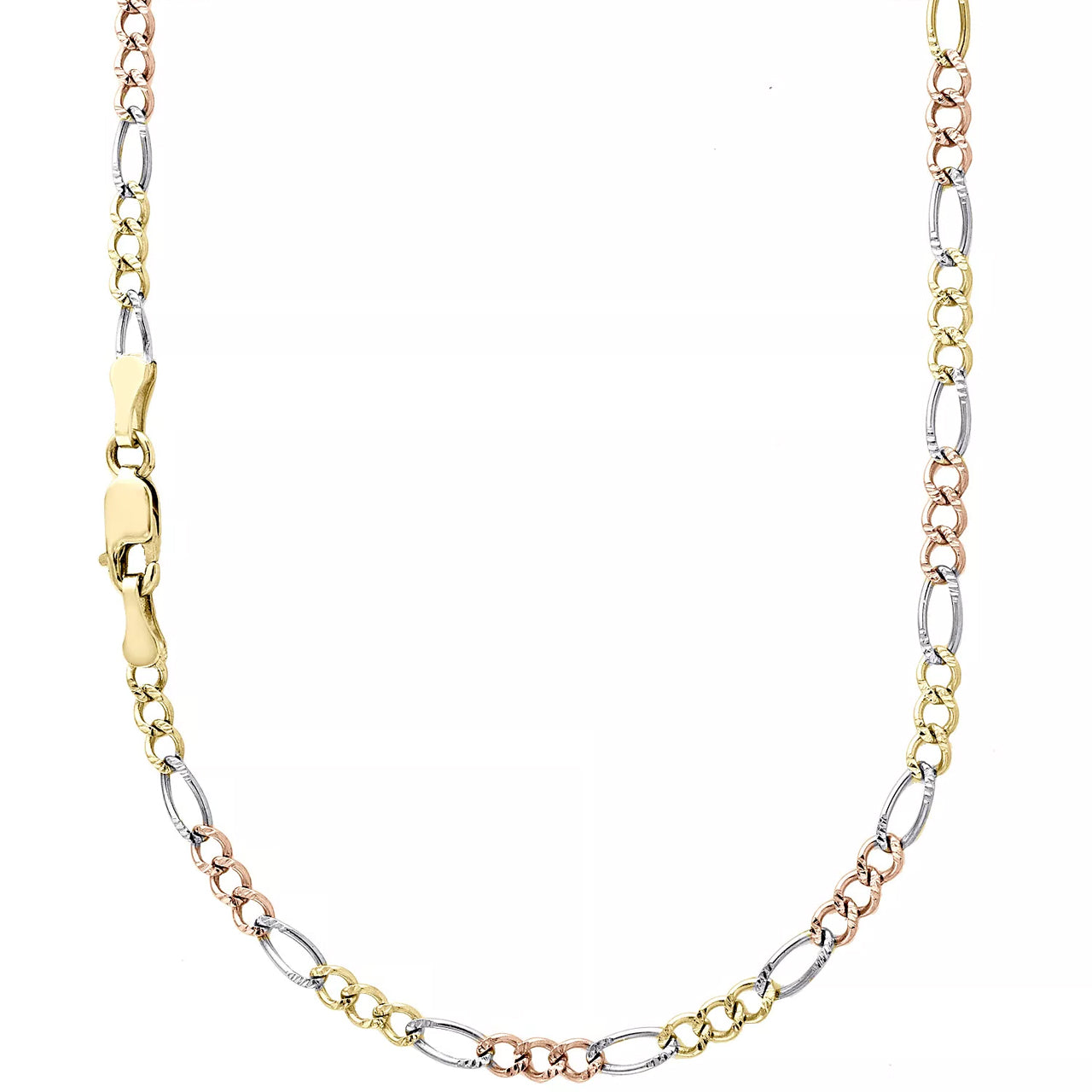 14K 2.5MM TRICOLOR GOLD SOLID FIGARO 30" CHAIN NECKLACE (AVAILABLE IN LENGTHS 7" - 30")