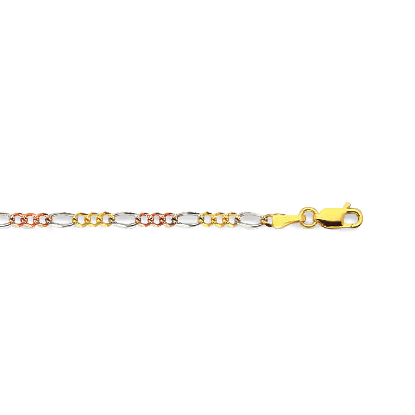 14K 2.5MM TRICOLOR GOLD SOLID FIGARO 20" CHAIN NECKLACE (AVAILABLE IN LENGTHS 7" - 30")