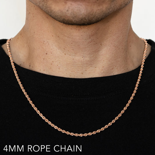 10K 4MM ROSE GOLD SOLID DC ROPE 16" CHAIN NECKLACE (AVAILABLE IN LENGTHS 7" - 30")