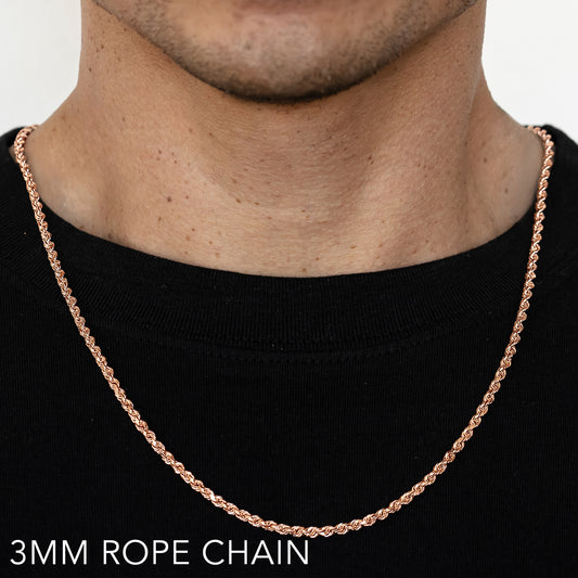 14K 3MM ROSE GOLD SOLID DC ROPE 24" CHAIN NECKLACE (AVAILABLE IN LENGTHS 7" - 30")