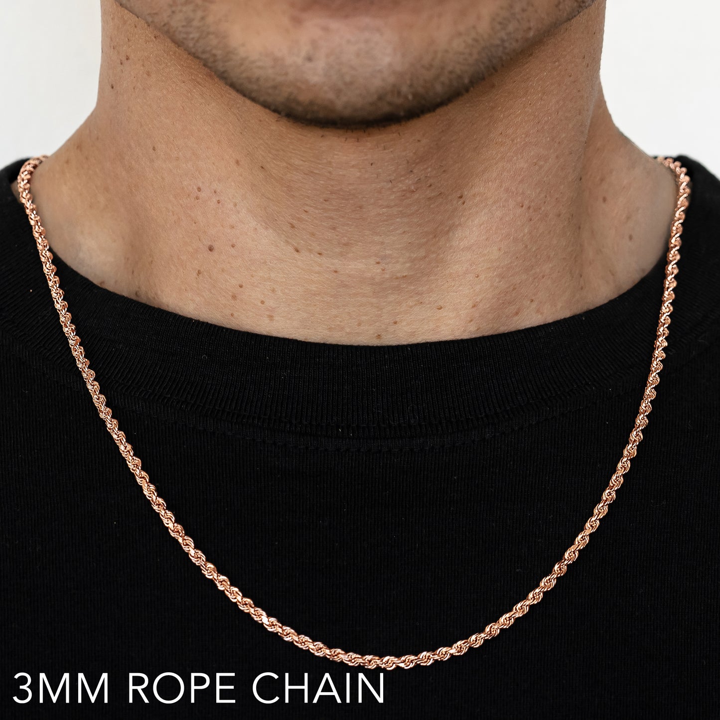 10K 3MM ROSE GOLD SOLID DC ROPE 20" CHAIN NECKLACE (AVAILABLE IN LENGTHS 7" - 30")