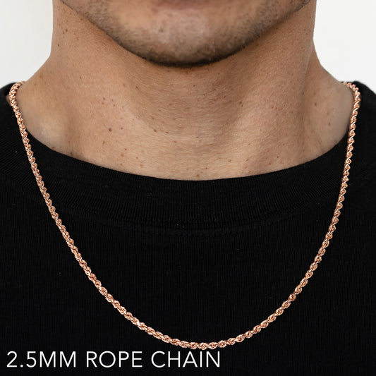 14K 2.5MM ROSE GOLD SOLID DC ROPE 20" CHAIN NECKLACE (AVAILABLE IN LENGTHS 7" - 30")