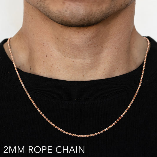 14K 2MM ROSE GOLD SOLID DC ROPE 16" CHAIN NECKLACE (AVAILABLE IN LENGTHS 7" - 30")