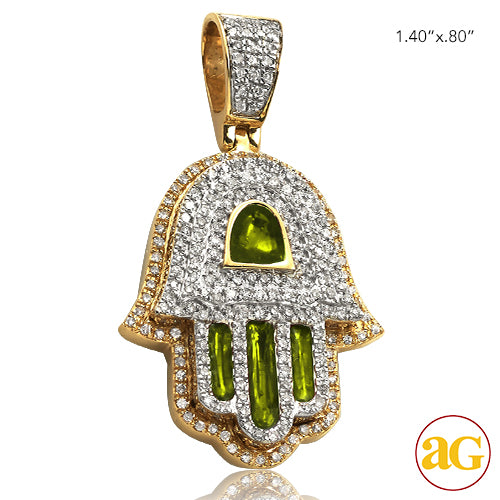 14KY 0.80CTW DIAMOND HAMZA PENDANT WITH GREEN