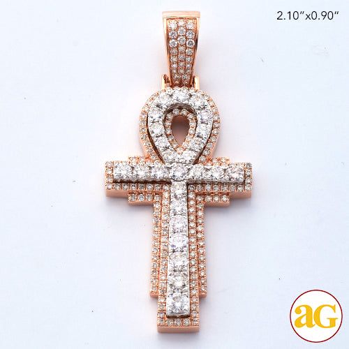 14KR+W 3.00CTW DIAMOND 3-D ANKH CROSS PENDANT