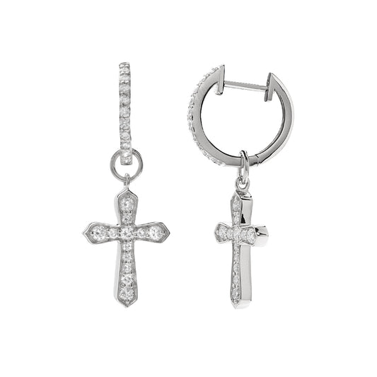 14KW 0.80CTW DIAMOND DANGLING CROSS HOOP EARRINGS