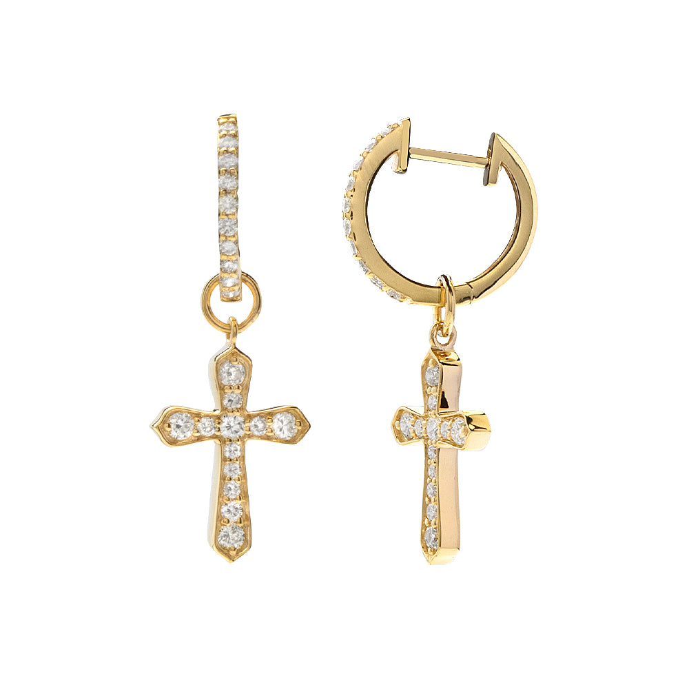 14KY 0.80CTW DIAMOND DANGLING CROSS HOOP EARRINGS